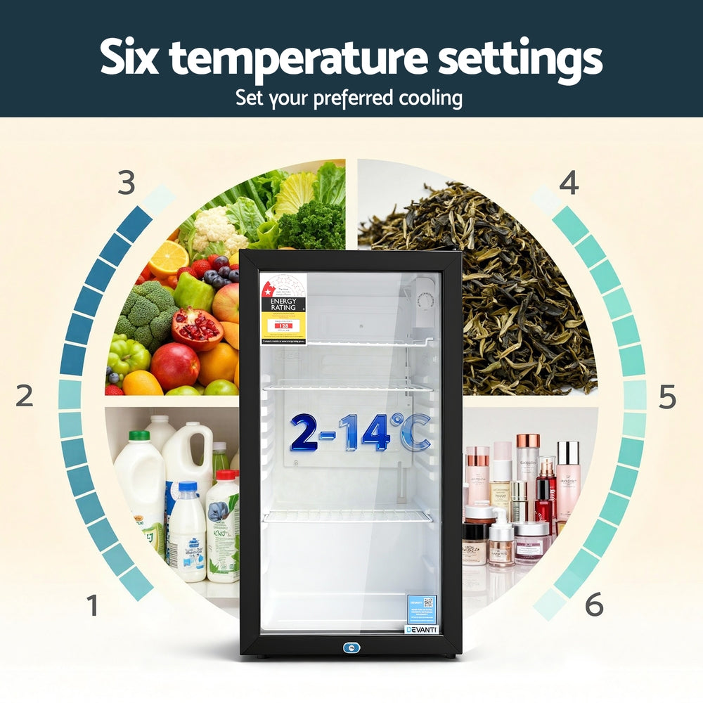 Devanti 78L Bar Fridge Glass Door Mini Fridge Countertop Cooler Black