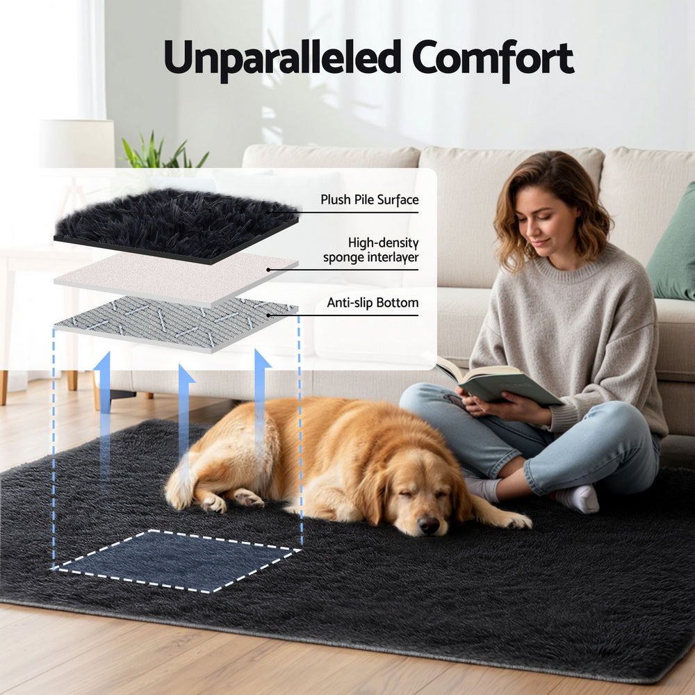 Artiss Floor Rug 140x200cm Plush Area Shaggy Rug Living Room Bedroom Carpet Black