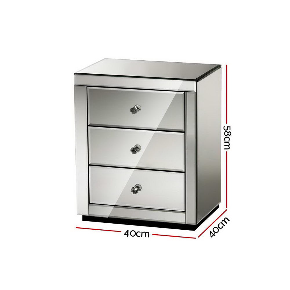 Artiss Bedside Table 3 Drawers Mirrored - PRESIA Grey