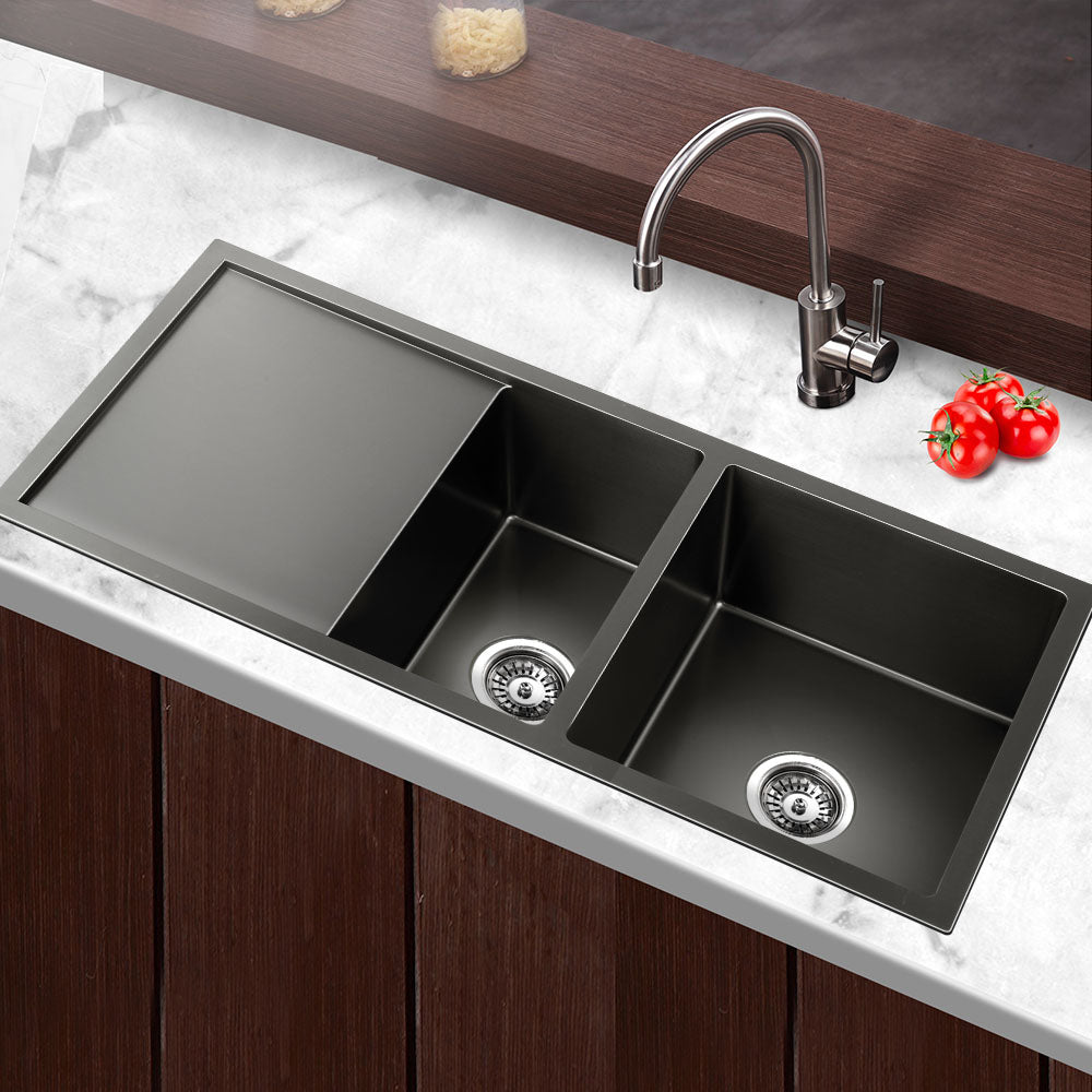 Cefito Kitchen Sink 100X45CM Stainless Steel Basin Double Bowl Black