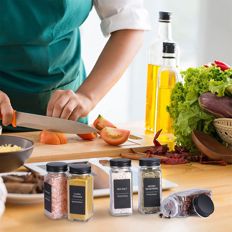 Hivvago 12 Pack Glass Spice Jar Set 120ml Airtight Square Jars with Shaker Lids Labels Funnel and Brush