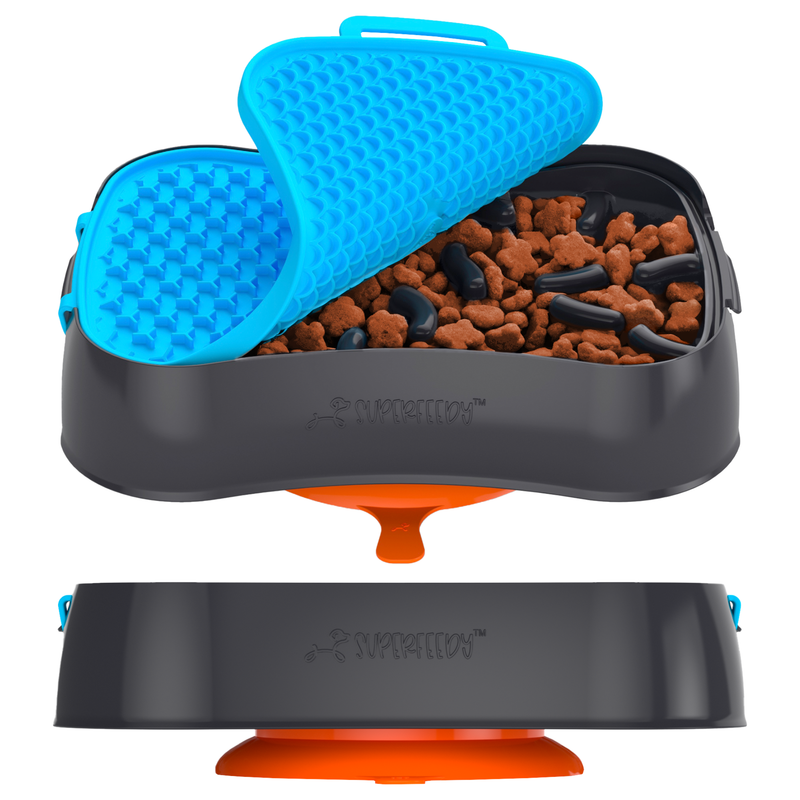 4-in-1 Slow Feeder Dog Bowl - Dark Grey Bowl with Blue Lickmat
