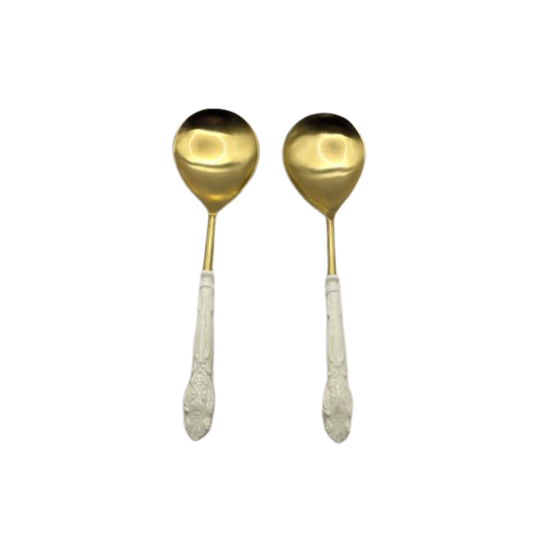 Gold Serving Spoons with White Enamel Handles | Set of 2 | Elegant Serveware