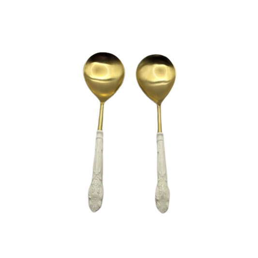 Gold Serving Spoons with White Enamel Handles | Set of 2 | Elegant Serveware