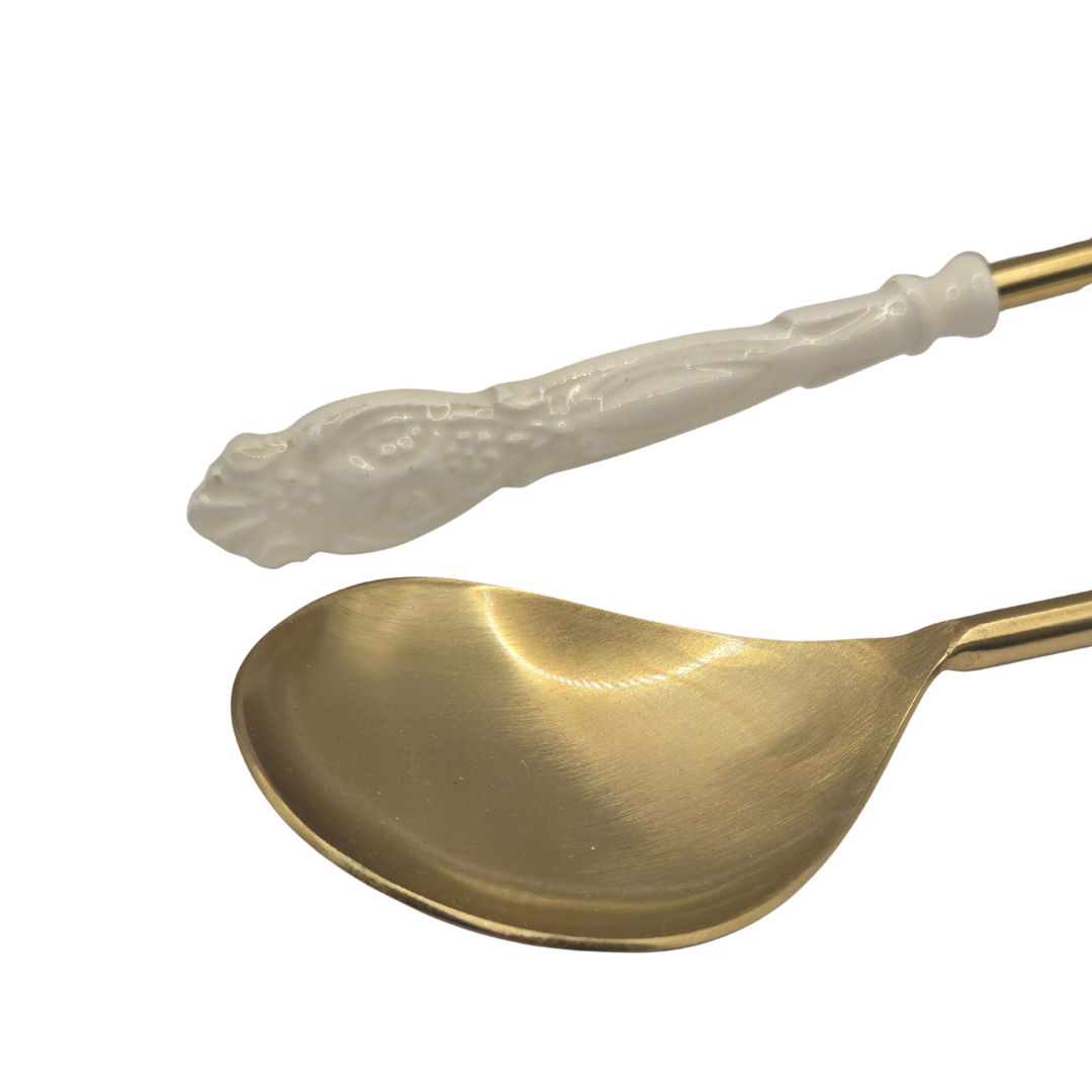 Gold Serving Spoons with White Enamel Handles | Set of 2 | Elegant Serveware