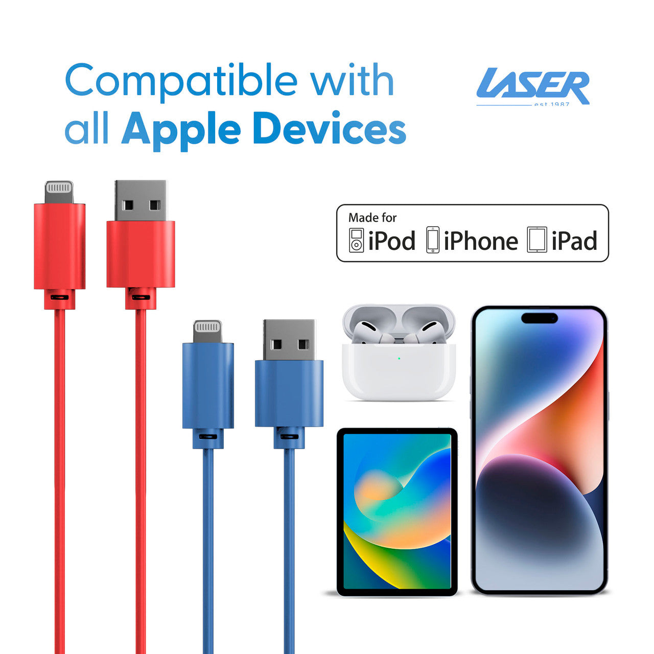 Laser MFi Lightning Cable 2 Pack Red/Blue 2M