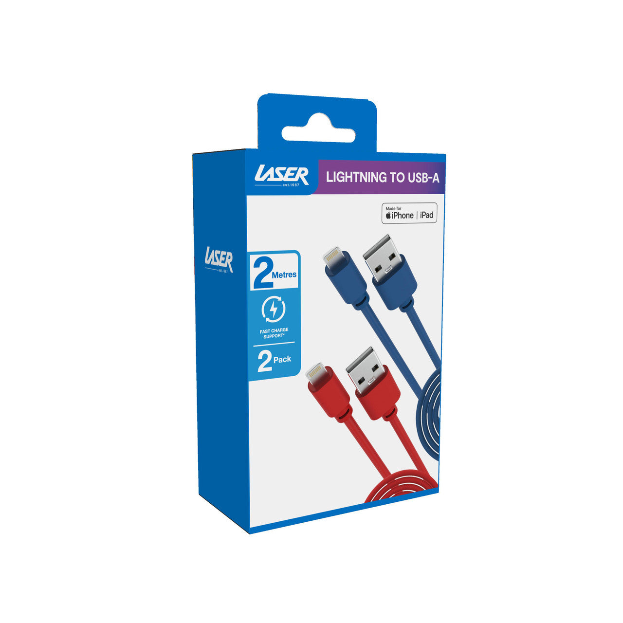 Laser MFi Lightning Cable 2 Pack Red/Blue 2M