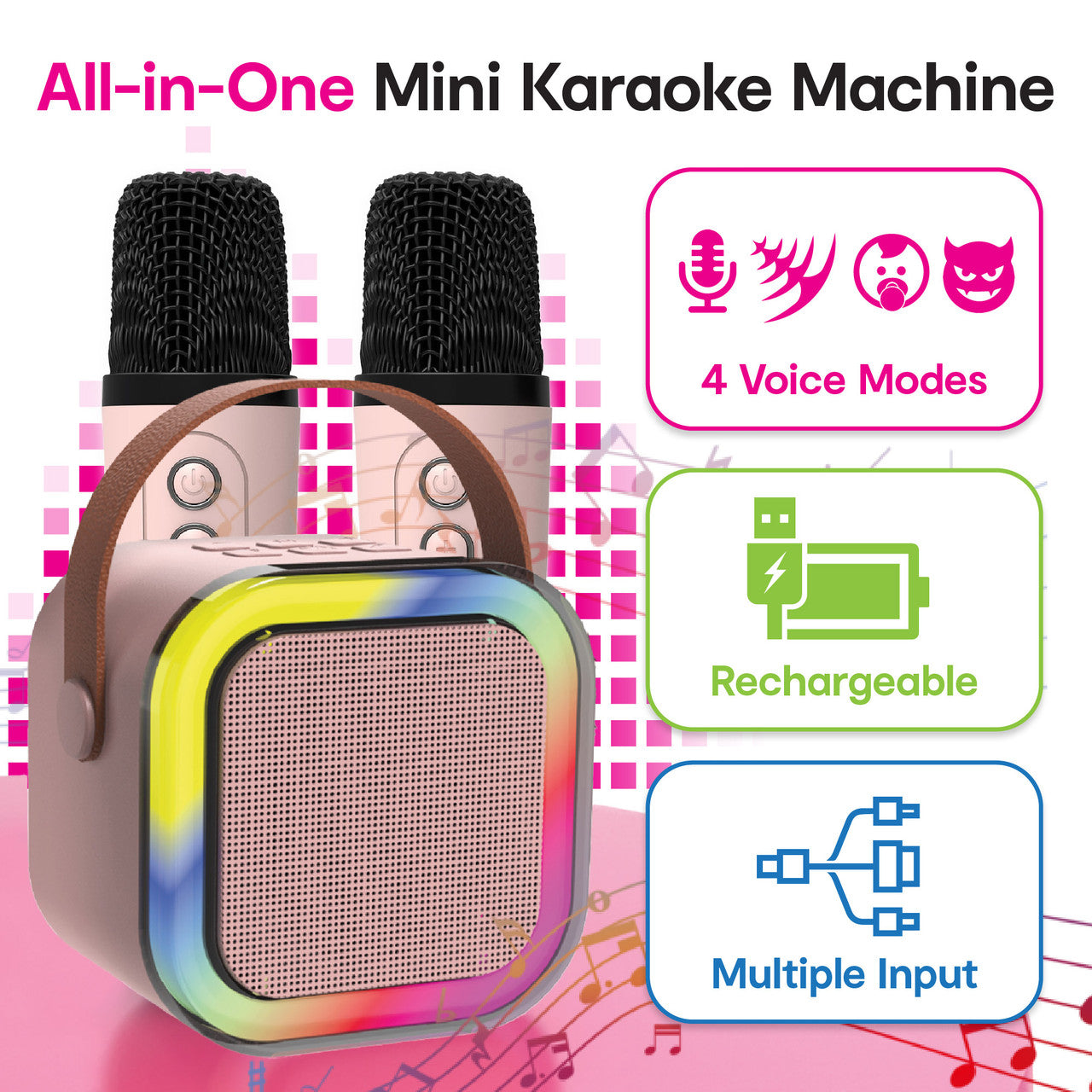 Laser Mini Karaoke Speaker with 2 Wireless Mics - Pink