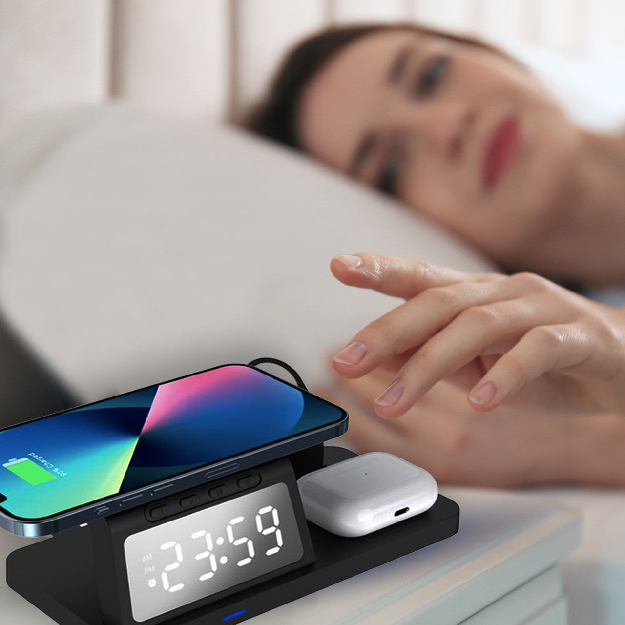 Laser 3-in-1 Wireless Charging Station with Alarm Clock - Black