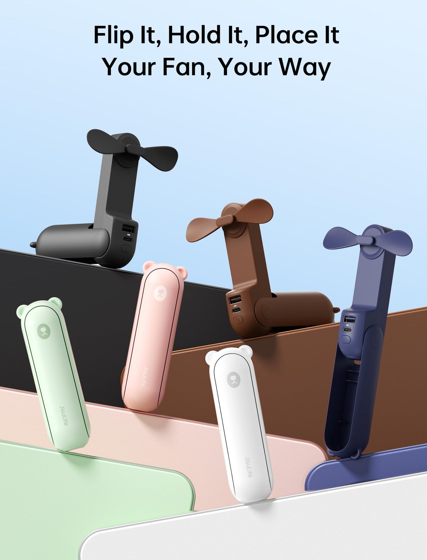 Handheld Mini Fan (Brown), 3-in-1 USB Rechargeable Portable Fan with Power Bank & Flashlight, Pocket Design for Travel & Summer