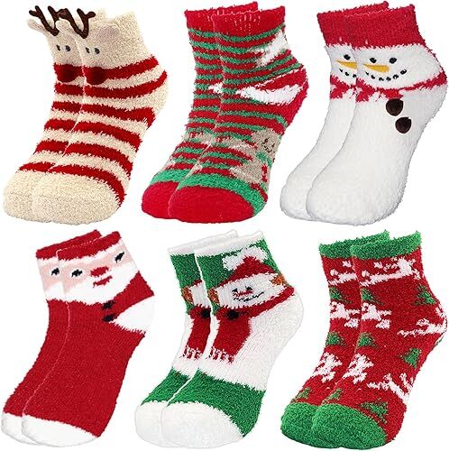 Christmas Socks - 6 Pairs Cozy Warm Fluffy Plush Bed Socks for Women, Girls - Cute Coral Fleece Xmas Indoor