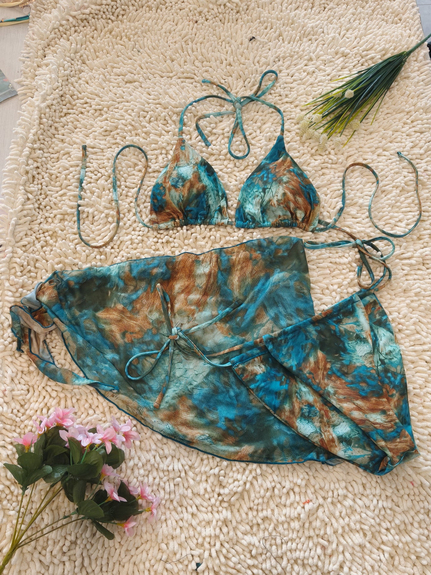 Triangle Brazilian Printed Vacation Style Swimsuit Textured 3 Piece Bikini Size L