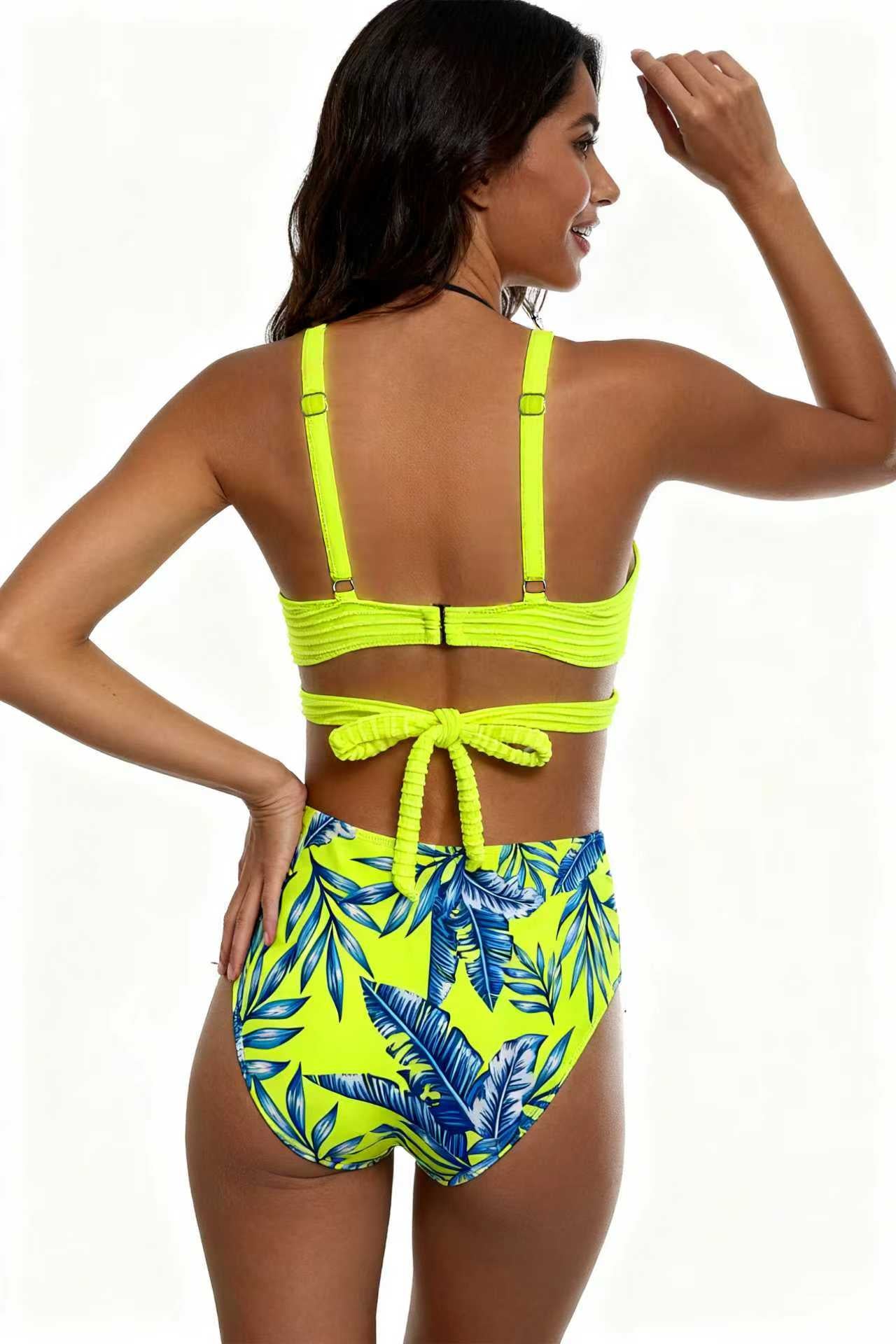 Fluorescent Yellow Crossover Design Bikini Palm Leaf Print Swimwear Size S