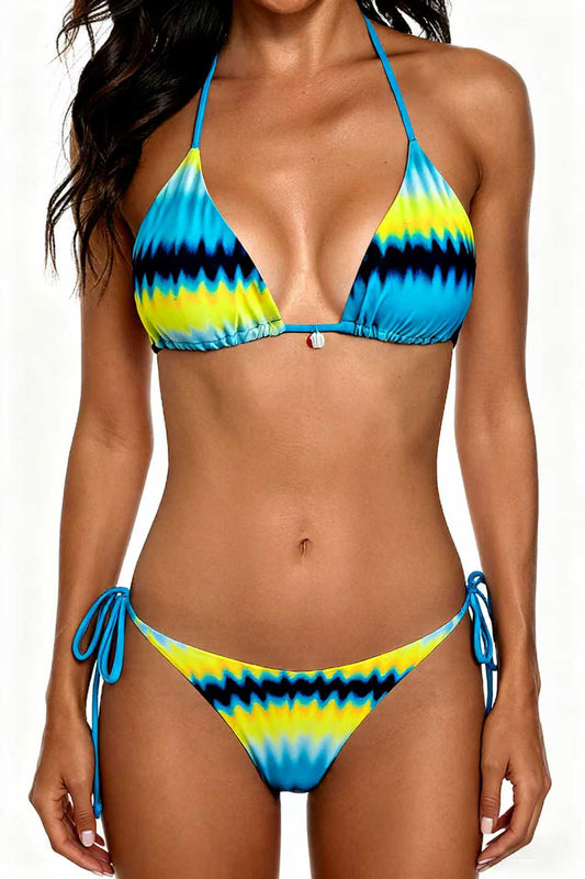2026 New Bikini Yellow and Blue Color Clash Design Swimsuit Wave Pattern Print Eco-friendly Fabric Size L
