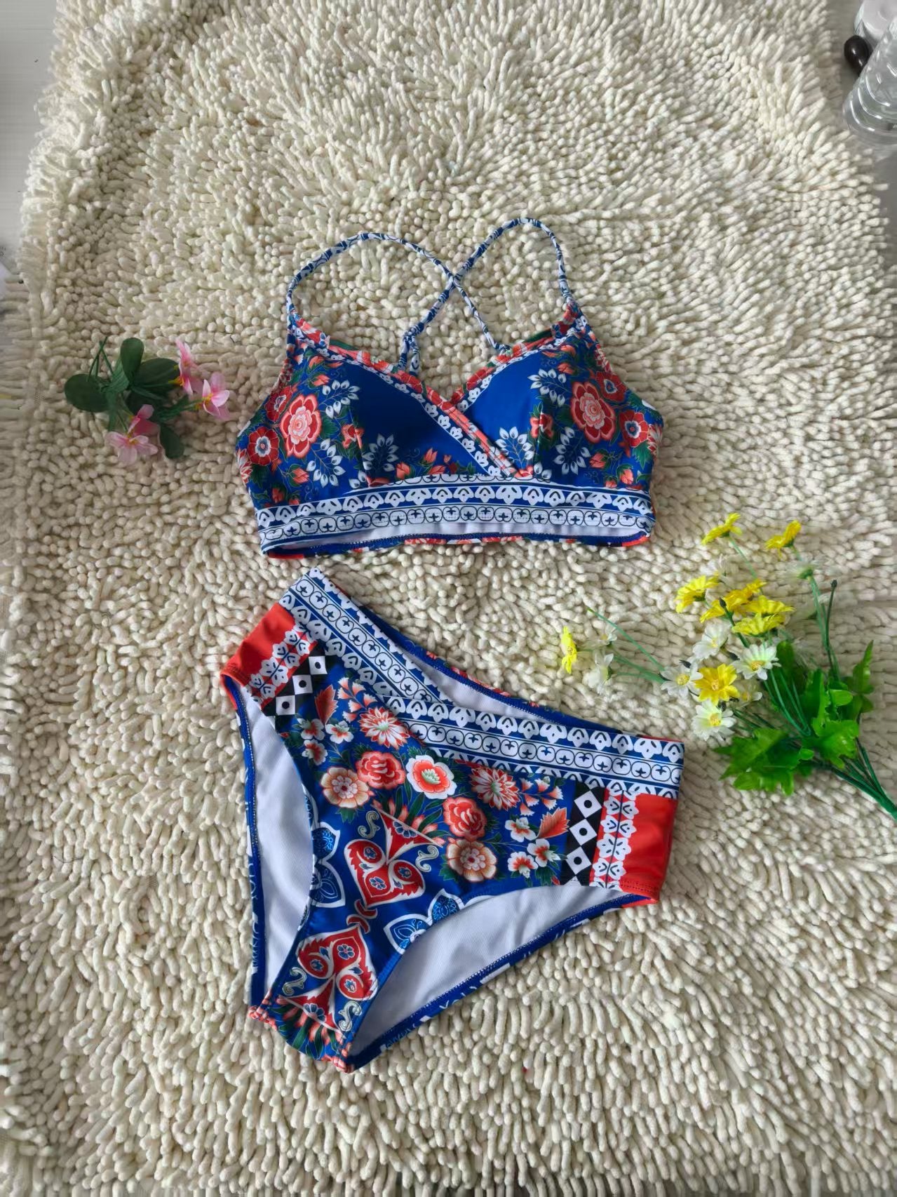 Crossover Design Backless Underwear Comfort Swimwear Printed Deep V Bikini Size M