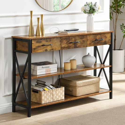 Console Table with 3 Drawers, Industrial Entryway Table with 3 Tier Storage Shelves