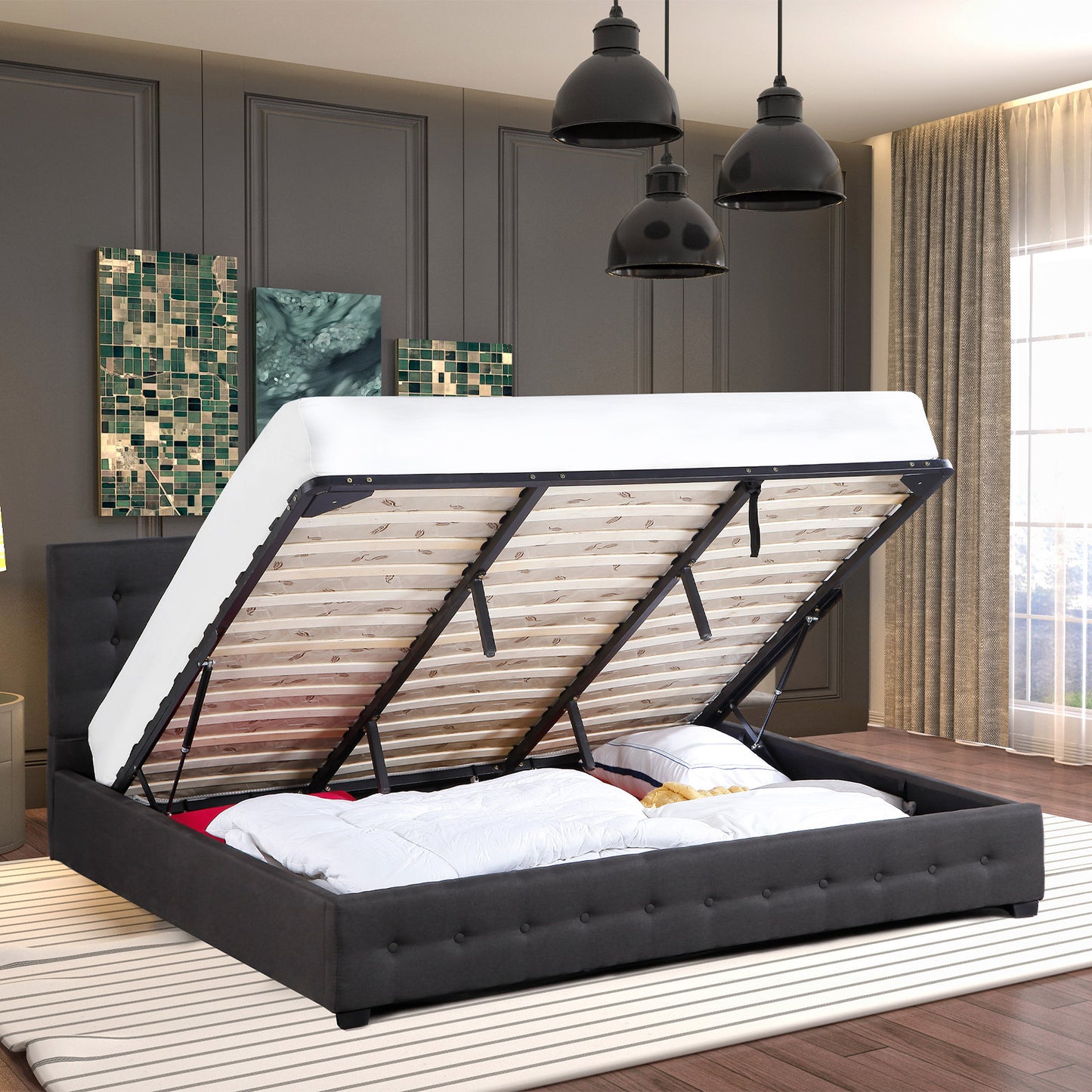 Milano Decor Eden Gas Lift Bed With Headboard Platform Storage Dark Grey Fabric - Double - Dark Grey