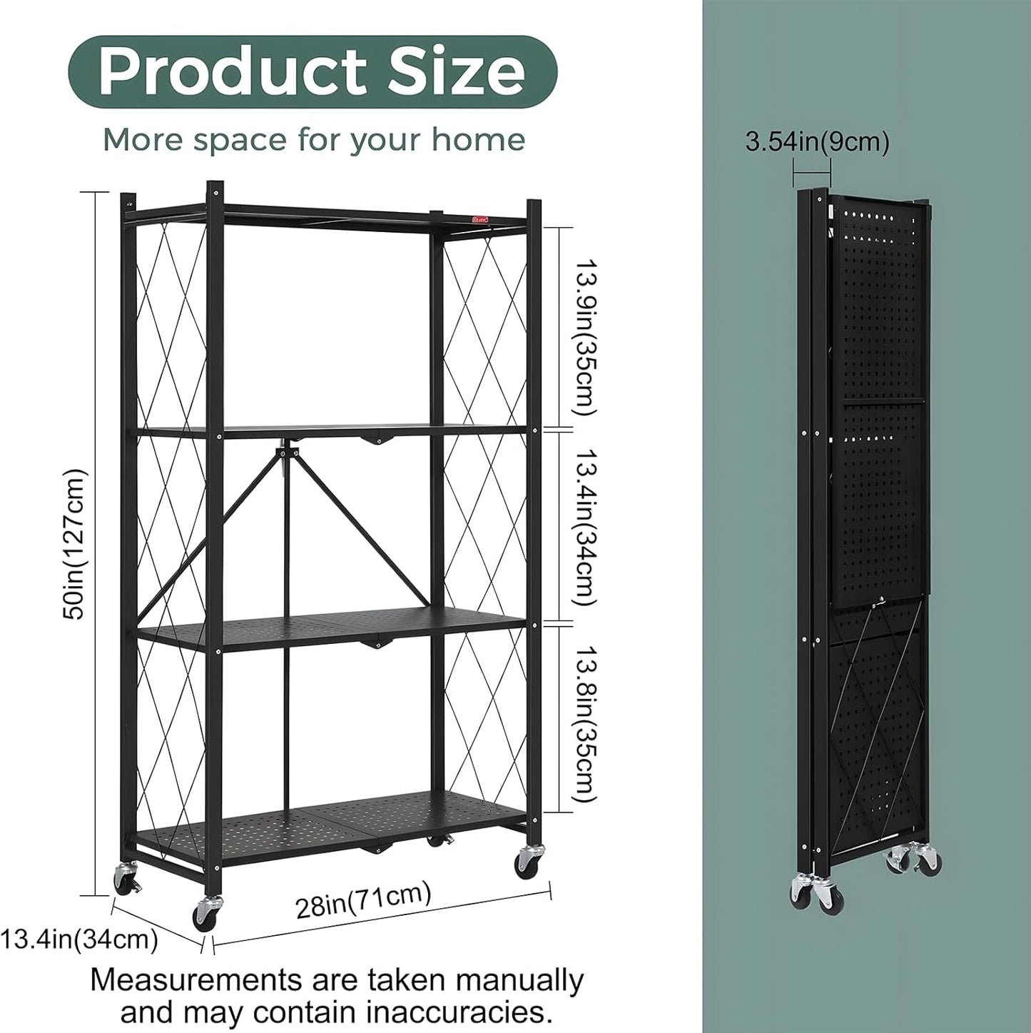 CARLA HOME 4-Tier Foldable Storage Shelf with Wheels for Kitchen, Garage, Pantry or Basement (Black)