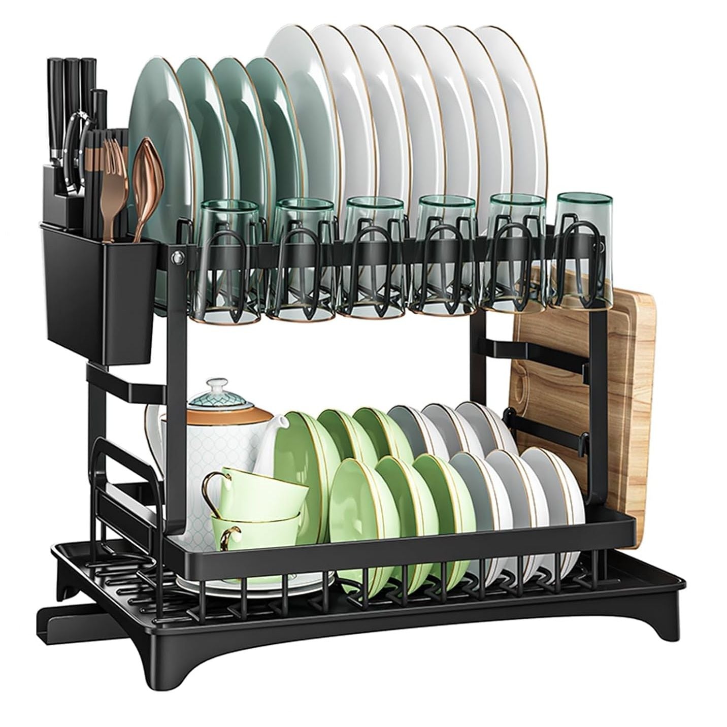 CARLA HOME 2-Tier Dish Drying Rack with Drainage Tray, Utensil Holder, Cup Hooks & Cutting Board Slot for Countertop Kitchen Storage (Black)
