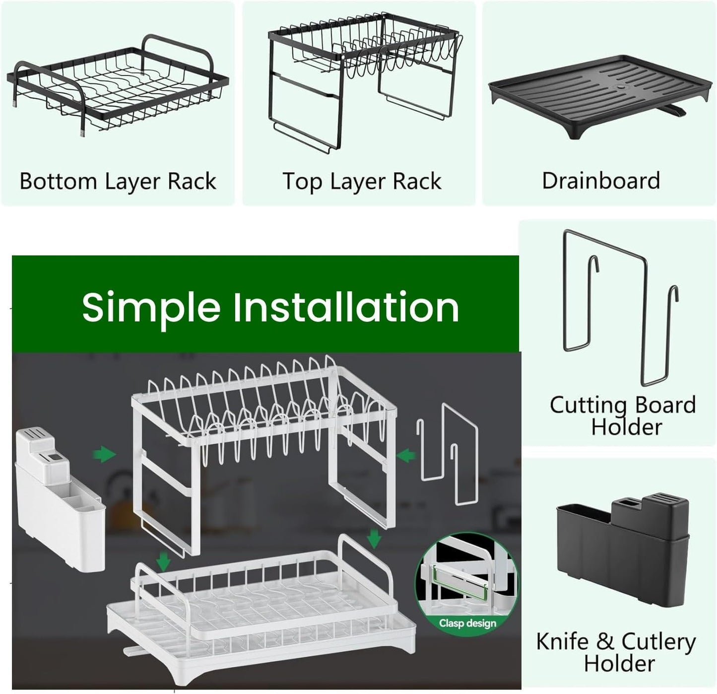 CARLA HOME 2-Tier Dish Drying Rack with Drainage Tray, Utensil Holder, Cup Hooks & Cutting Board Slot for Countertop Kitchen Storage (White)
