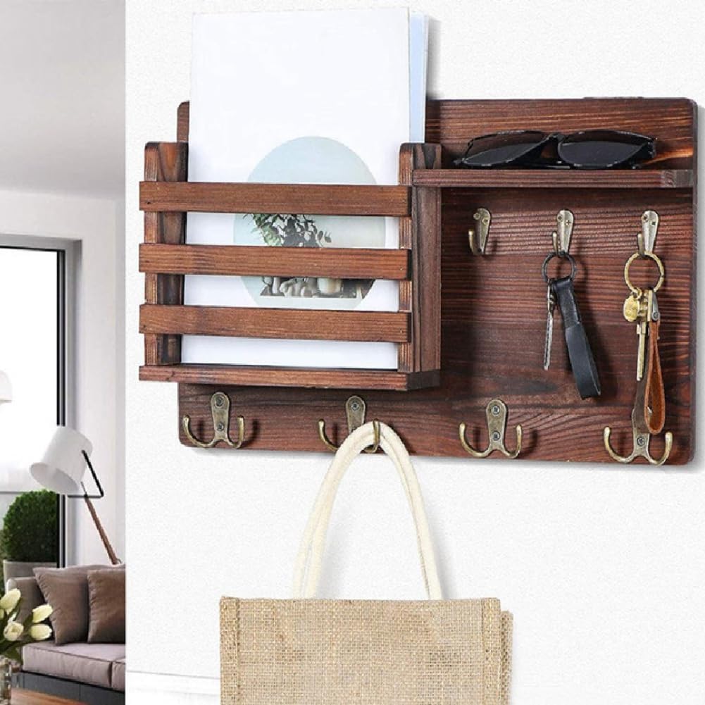 CARLA HOME Rustic Wood Wall Mounted Key and Mail Holder Organizer with Shelf, Letter Slot & 6 Hooks for Entryway Decor Home