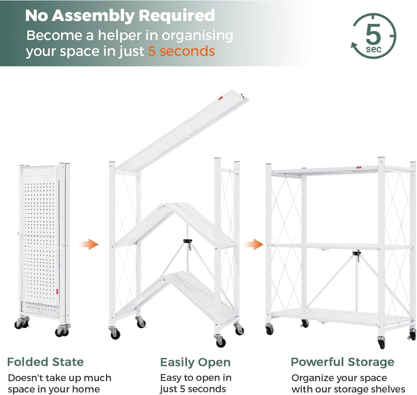 CARLA HOME 3-Tier Foldable Storage Shelf with Wheels for Kitchen, Garage, Pantry or Basement (White)