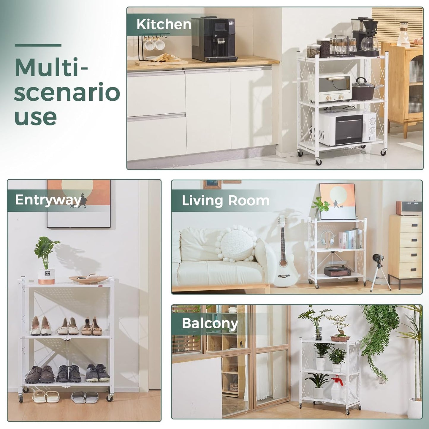 CARLA HOME 5-Tier Foldable Storage Shelf with Wheels for Kitchen, Garage, Pantry or Basement (White)