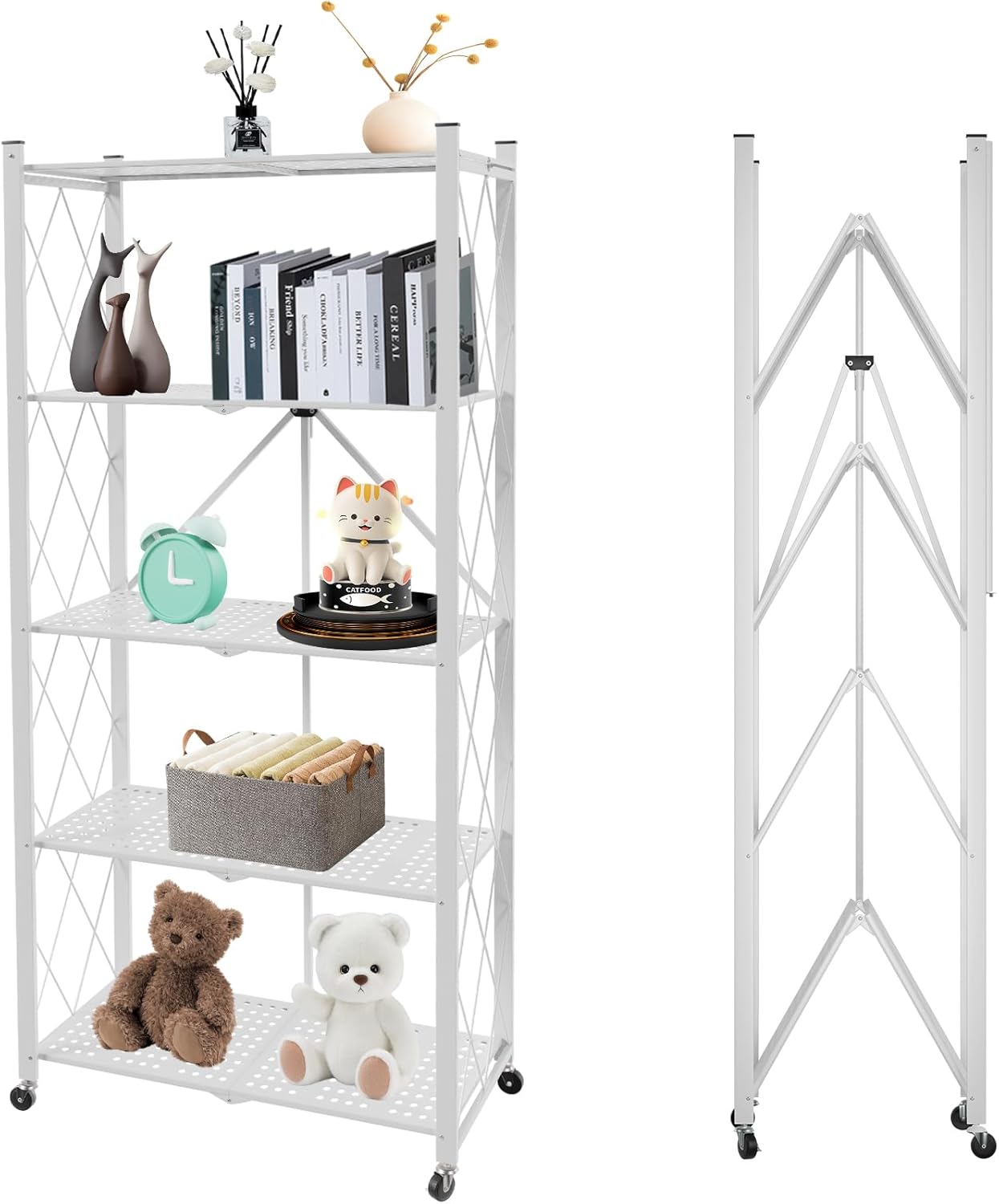 CARLA HOME 5-Tier Foldable Storage Shelf with Wheels for Kitchen, Garage, Pantry or Basement (White)