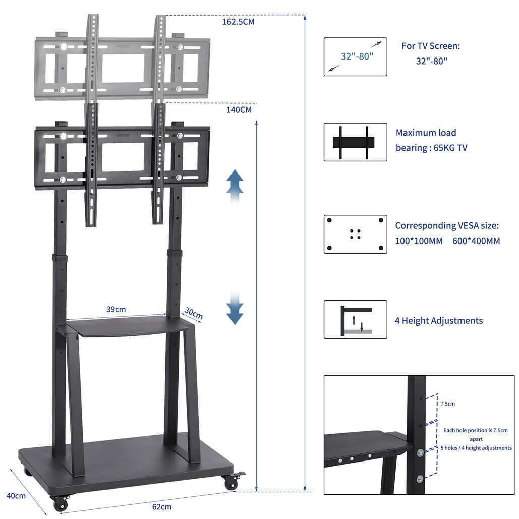 32-80 Rolling TV Stand with 2-Tier Shelf Adjustable Mount
