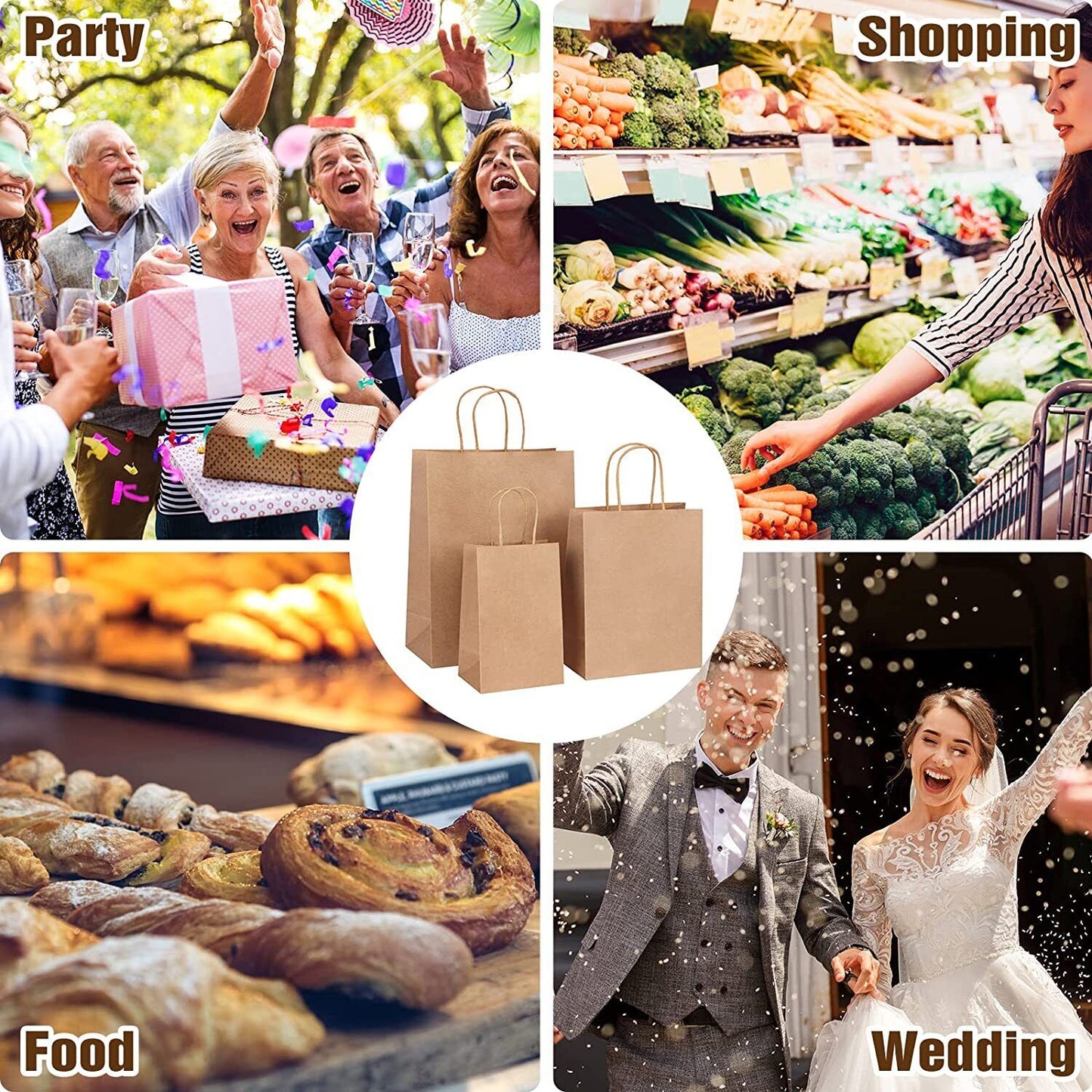 25pcs Bulk Kraft Paper Bags Gift Shopping Carry Craft Brown Retail Bag with Handles Au M