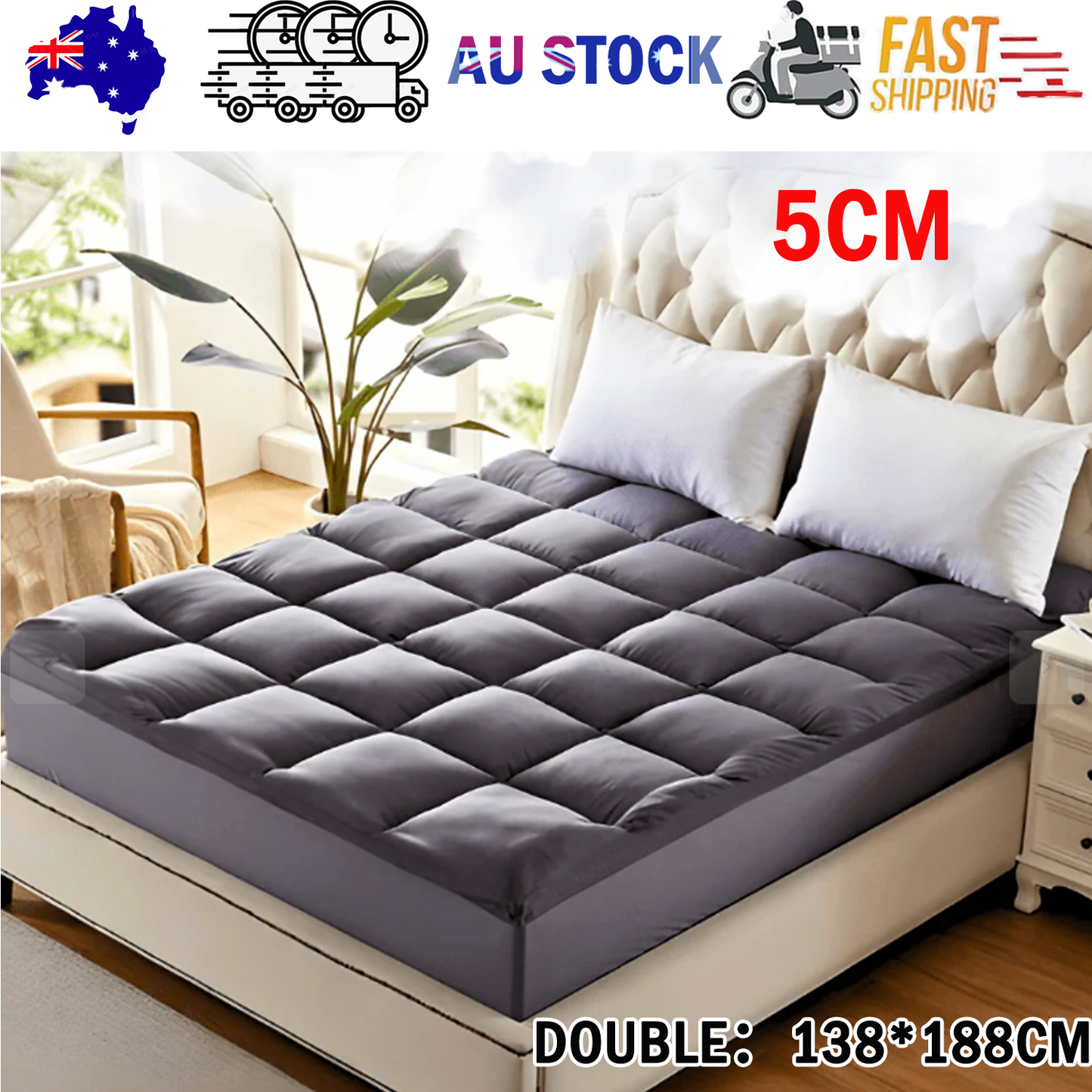 5CM Bedding Luxury Pillowtop Mattress Topper Mat Pad Antibacterial and dust mite-resistant Double:138*188cm