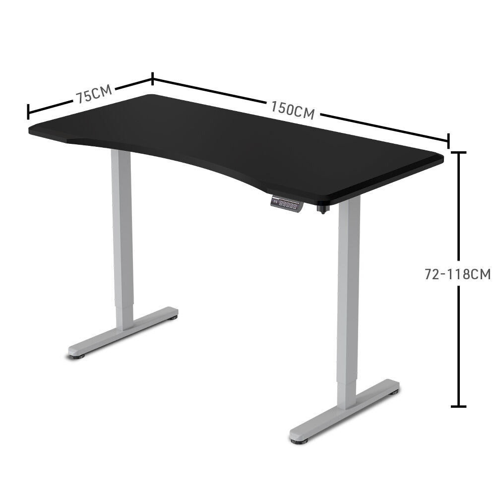 FORTIA Sit To Stand Up Standing Desk, 150x75cm, 72-118cm Electric Height Adjustable, Ergonomically Curved Edge, 50kg Rated, Black/Silver Frame