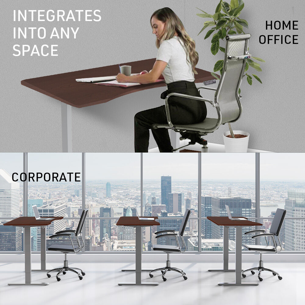 FORTIA Sit To Stand Up Standing Desk, 150x75cm, 72-118cm Electric Height Adjustable, Ergonomically Curved Edge, 50kg Rated, Walnut Style/Silver Frame