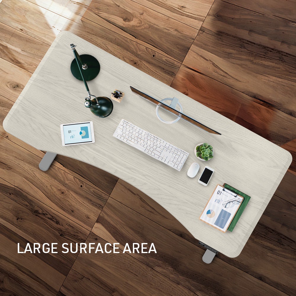 FORTIA Sit To Stand Up Standing Desk, 150x75cm, 72-118cm Electric Height Adjustable, Ergonomically Curved Edge, 50kg Rated, White Oak Style/Silver Frame