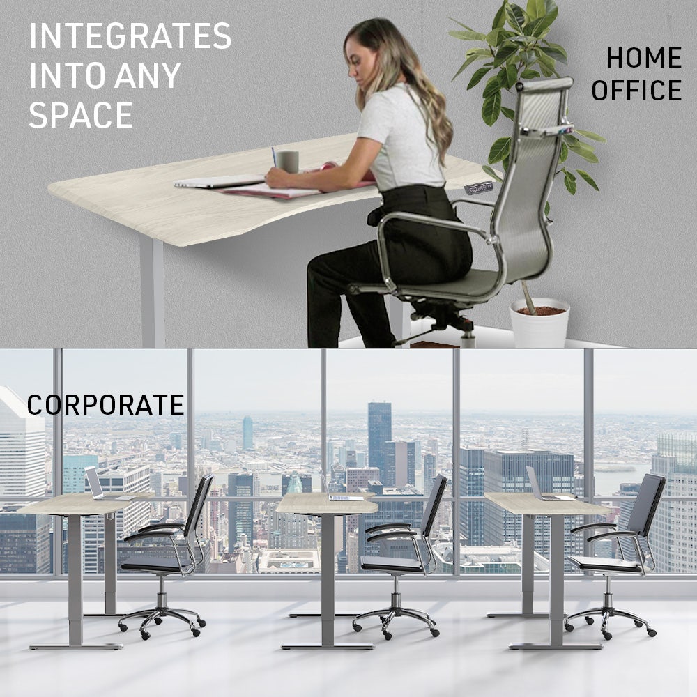 FORTIA Sit To Stand Up Standing Desk, 150x75cm, 72-118cm Electric Height Adjustable, Ergonomically Curved Edge, 50kg Rated, White Oak Style/Silver Frame