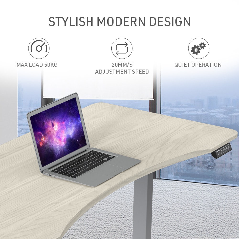 FORTIA Sit To Stand Up Standing Desk, 160x70cm, 72-118cm Electric Height Adjustable, Ergonomically Curved Edge, 50kg Rated, White Oak Style/Silver Frame