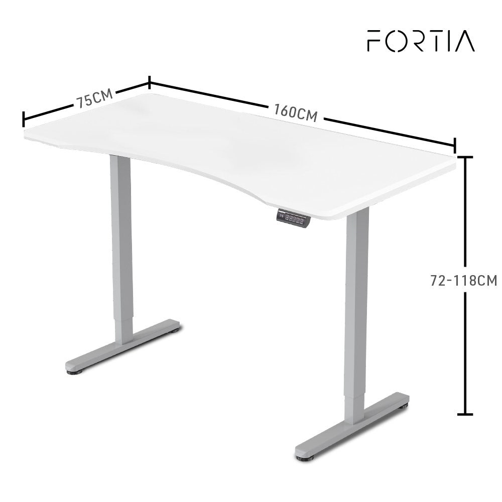 FORTIA Sit To Stand Up Standing Desk, 160x75cm, 72-118cm Electric Height Adjustable, Ergonomically Curved Edge, 50kg Rated, White/Silver Frame