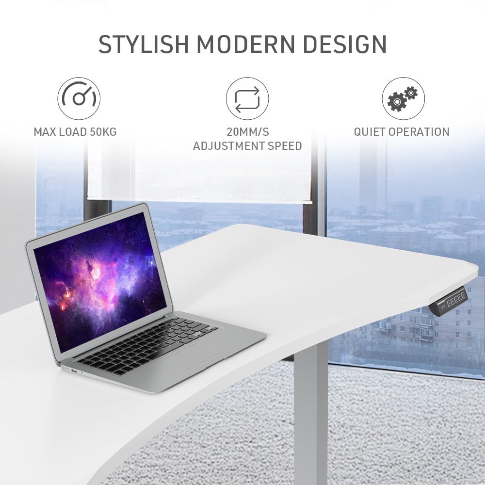 FORTIA Sit To Stand Up Standing Desk, 160x75cm, 72-118cm Electric Height Adjustable, Ergonomically Curved Edge, 50kg Rated, White/Silver Frame
