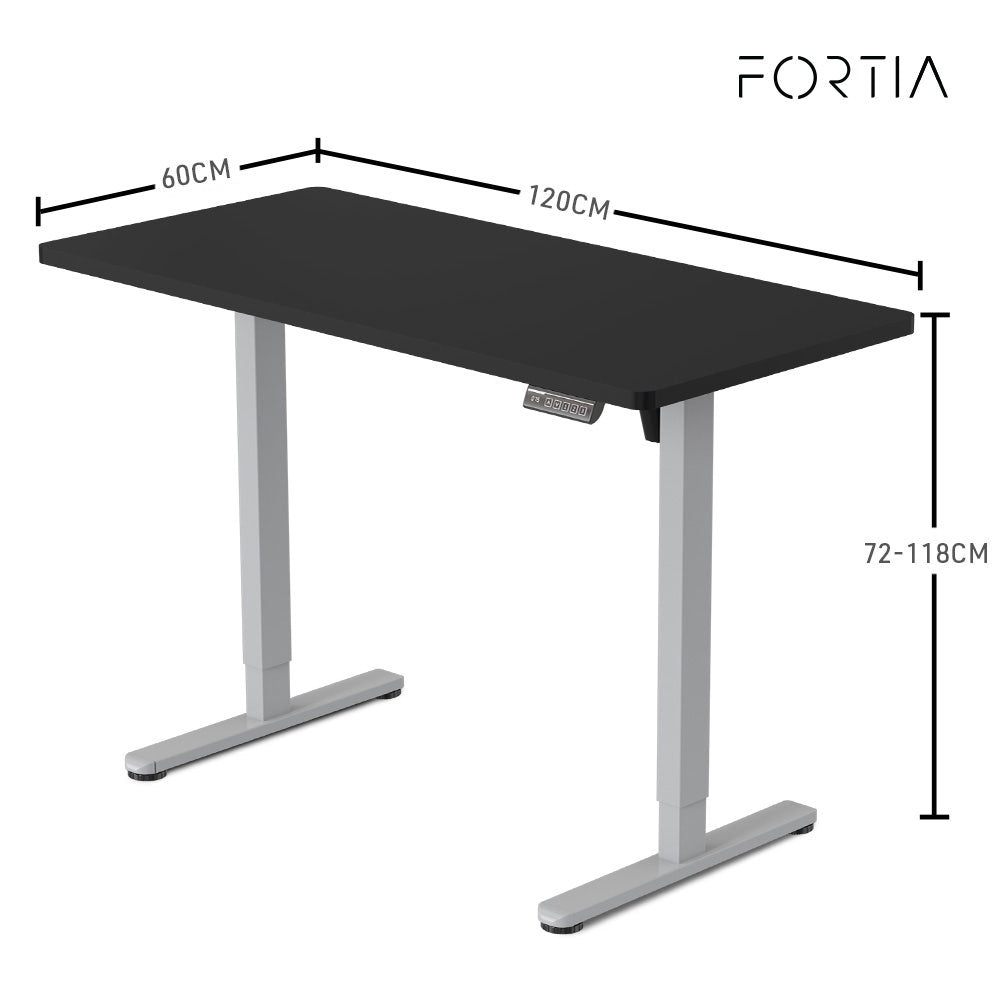 FORTIA Sit To Stand Up Standing Desk, 120x60cm, 72-118cm Electric Height Adjustable, 40kg Rated, Black/Silver Frame