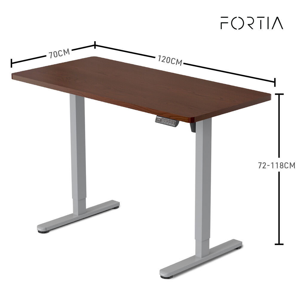 FORTIA Sit To Stand Up Standing Desk, 120x60cm, 72-118cm Electric Height Adjustable, 40kg Rated, Walnut Style/Silver Frame