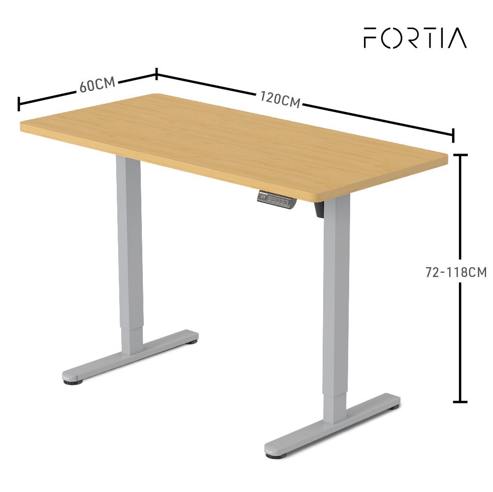 FORTIA Sit To Stand Up Standing Desk, 120x60cm, 72-118cm Electric Height Adjustable, 40kg Rated, White Oak Style/Silver Frame