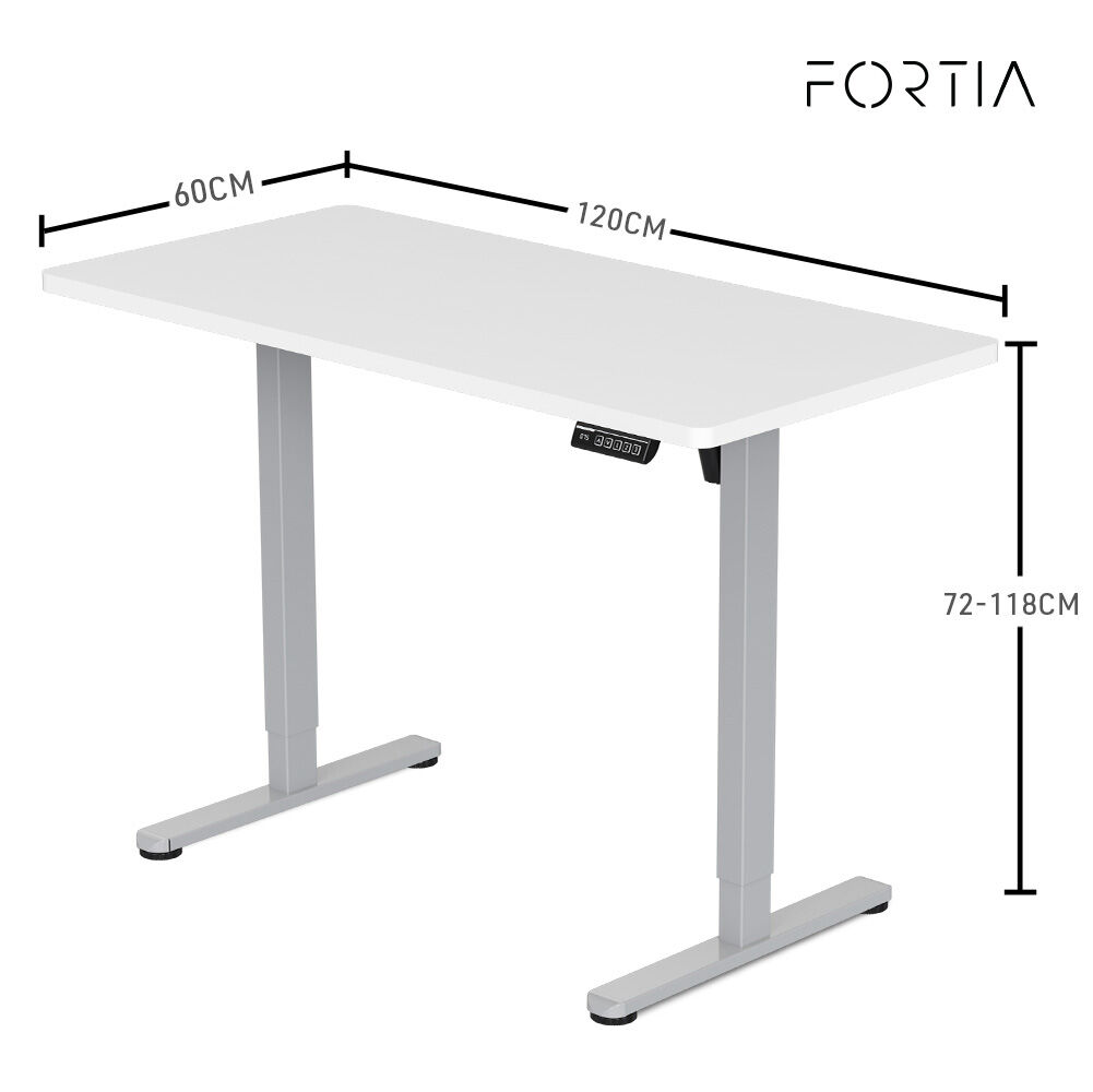 FORTIA Sit To Stand Up Standing Desk, 120x60cm, 72-118cm Electric Height Adjustable, 40kg Rated, White/Silver Frame