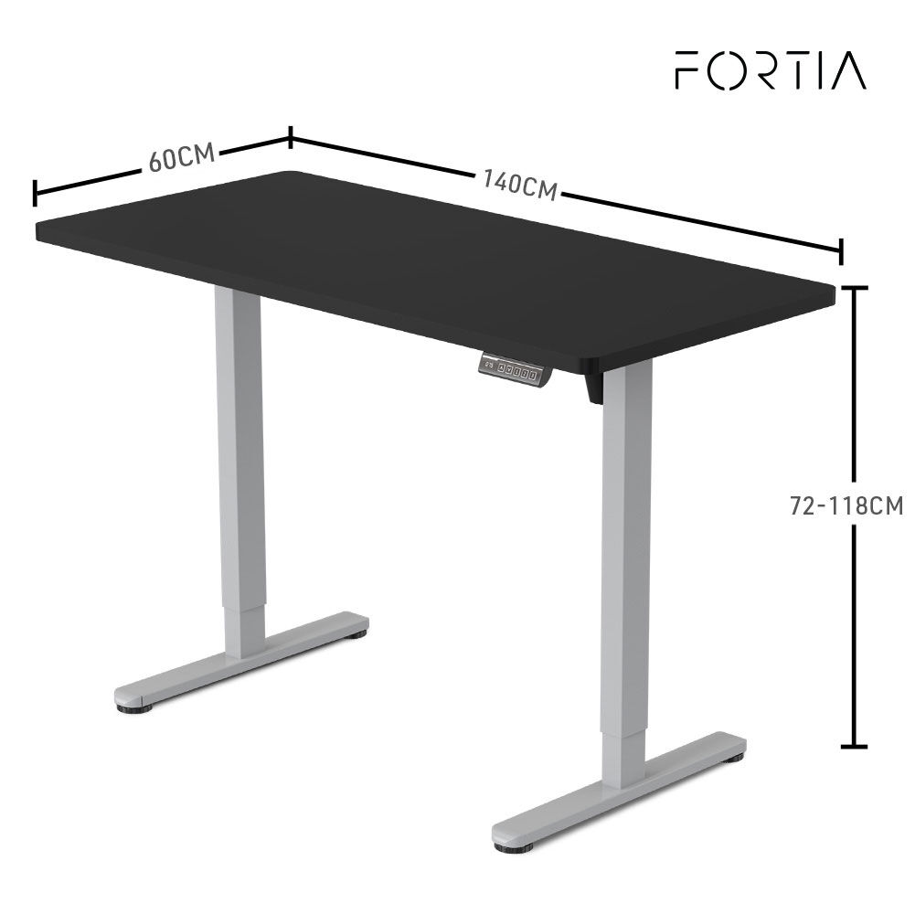 FORTIA Sit To Stand Up Standing Desk, 140x60cm, 72-118cm Electric Height Adjustable, 40kg Rated, Black/Silver Frame