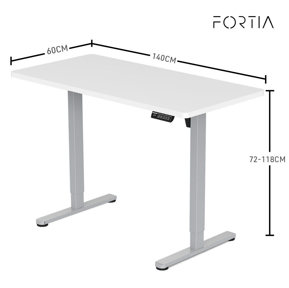 FORTIA Sit To Stand Up Standing Desk, 140x60cm, 72-118cm Electric Height Adjustable, 40kg Rated, White/Silver Frame