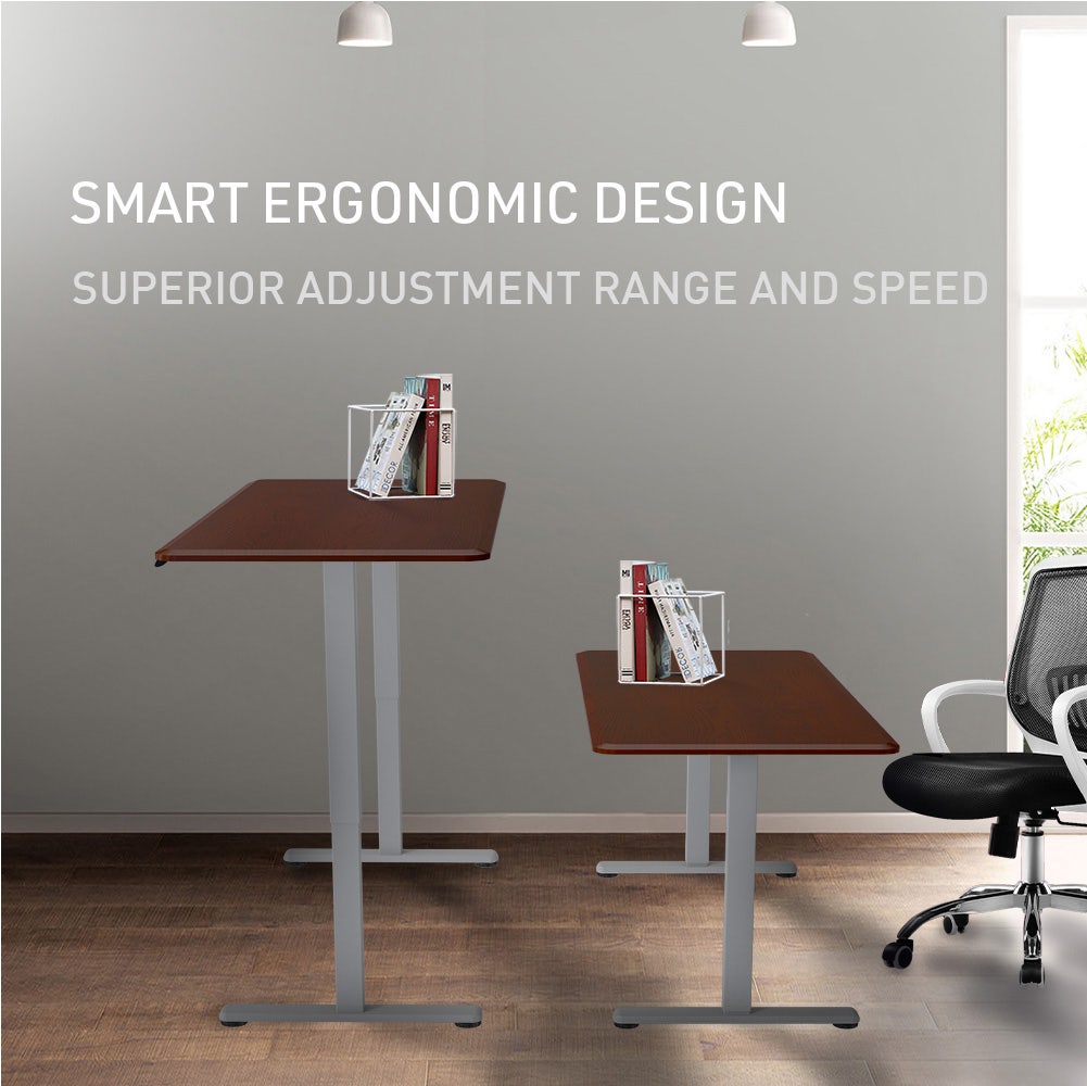 FORTIA Sit To Stand Up Standing Desk, 150x75cm, 72-118cm, Height Adjustable, 50kg Rated, Walnut Style/Silver Frame