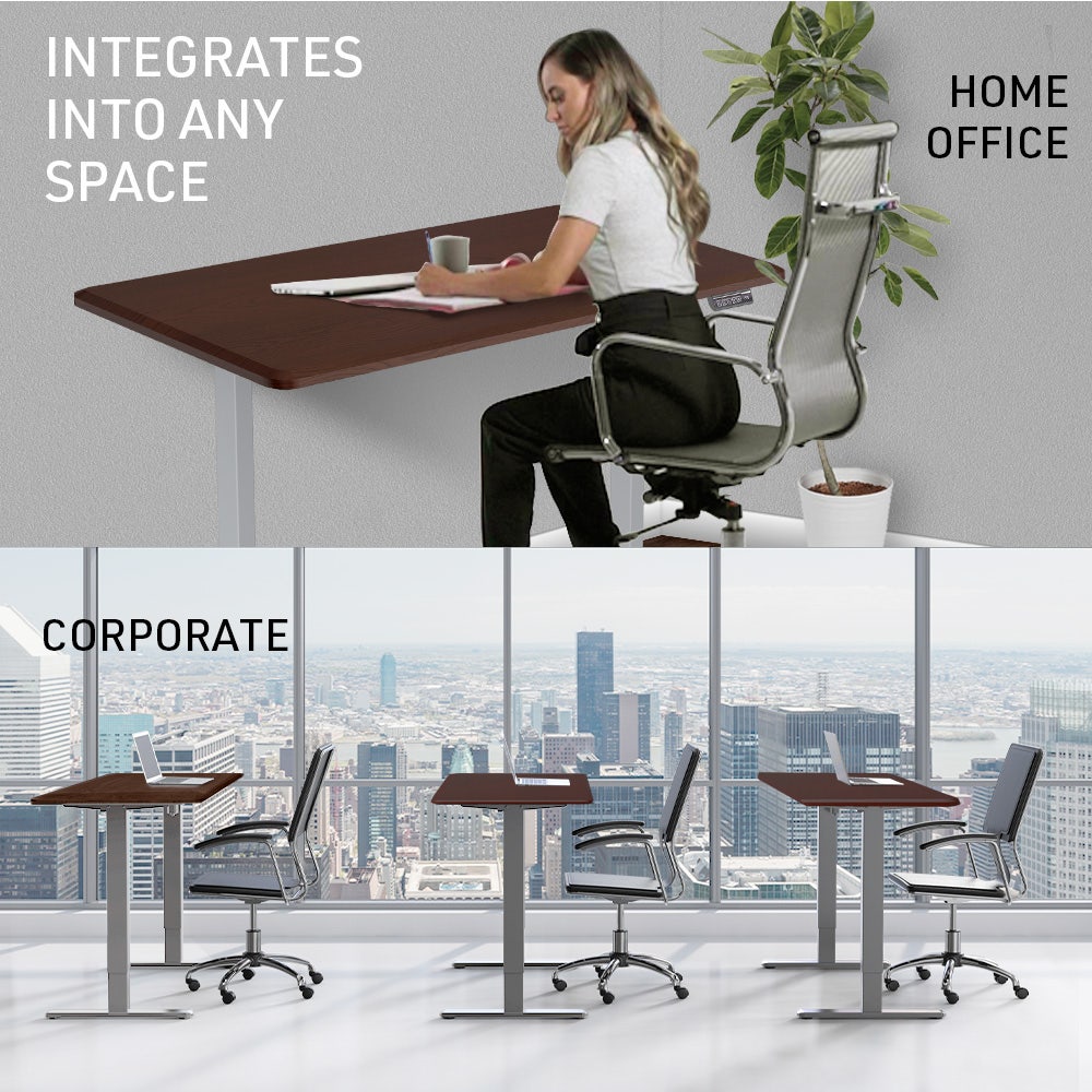 FORTIA Sit To Stand Up Standing Desk, 150x75cm, 72-118cm, Height Adjustable, 50kg Rated, Walnut Style/Silver Frame