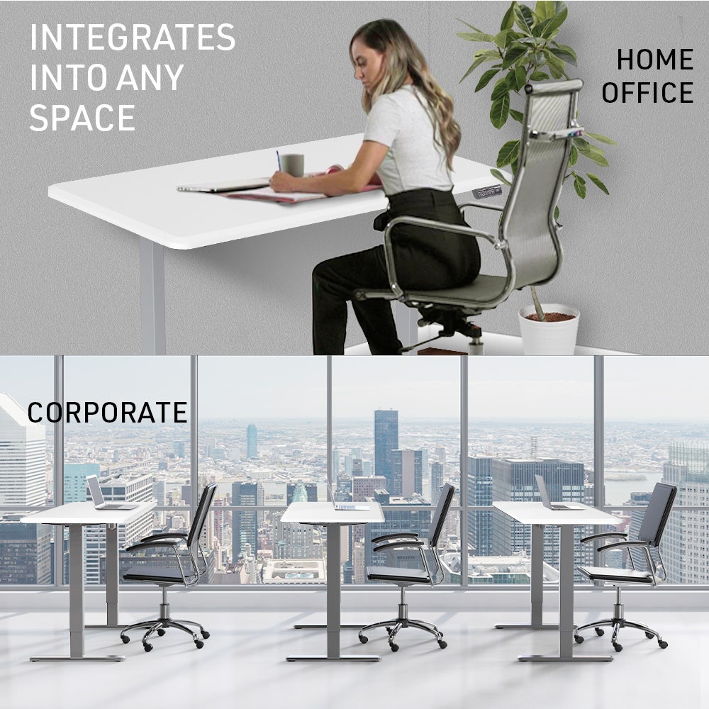 FORTIA Sit To Stand Up Standing Desk, 150x75cm, 72-118cm, Height Adjustable, 50kg Rated, Matte White/Silver Frame
