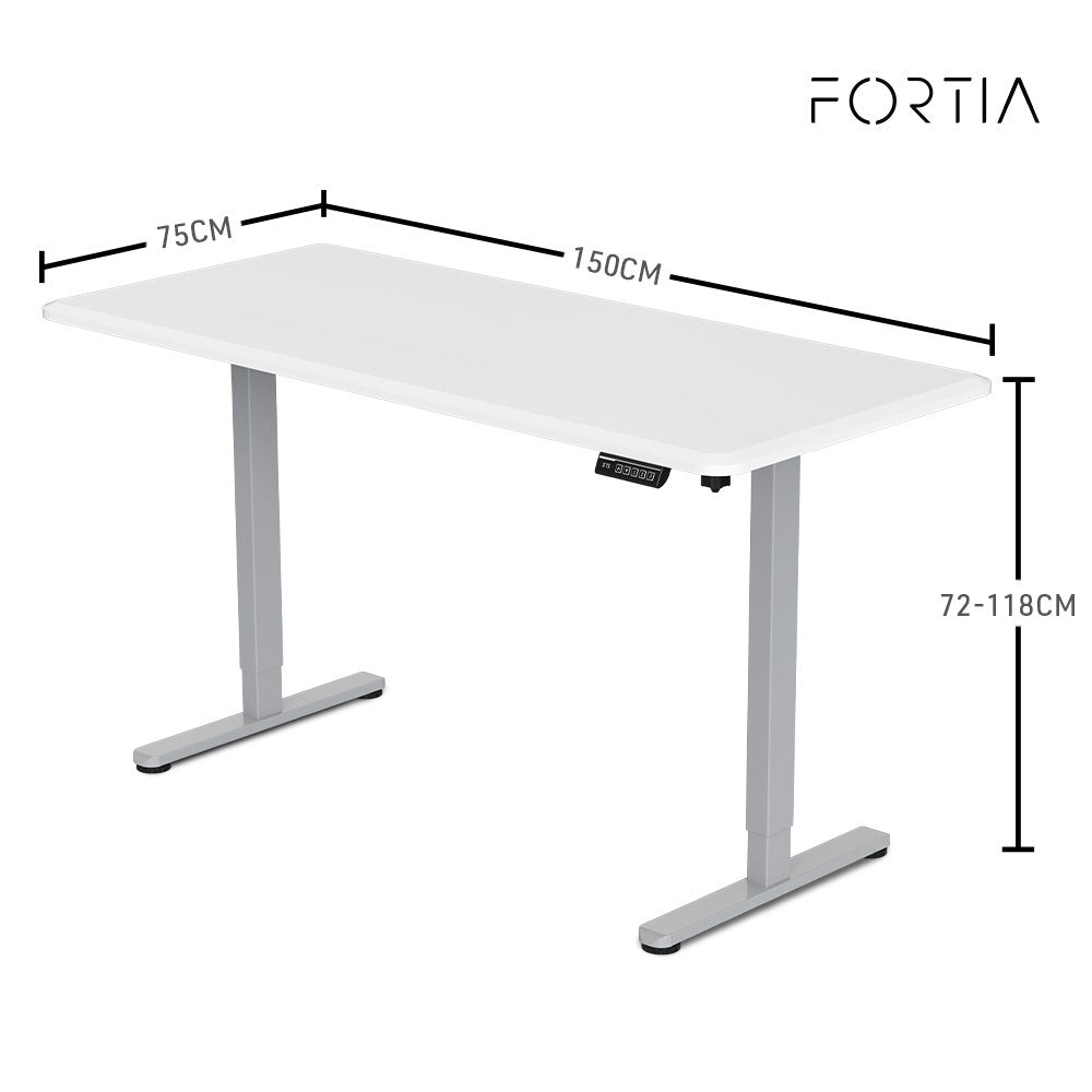 FORTIA Sit To Stand Up Standing Desk, 150x75cm, 72-118cm, Height Adjustable, 50kg Rated, Matte White/Silver Frame