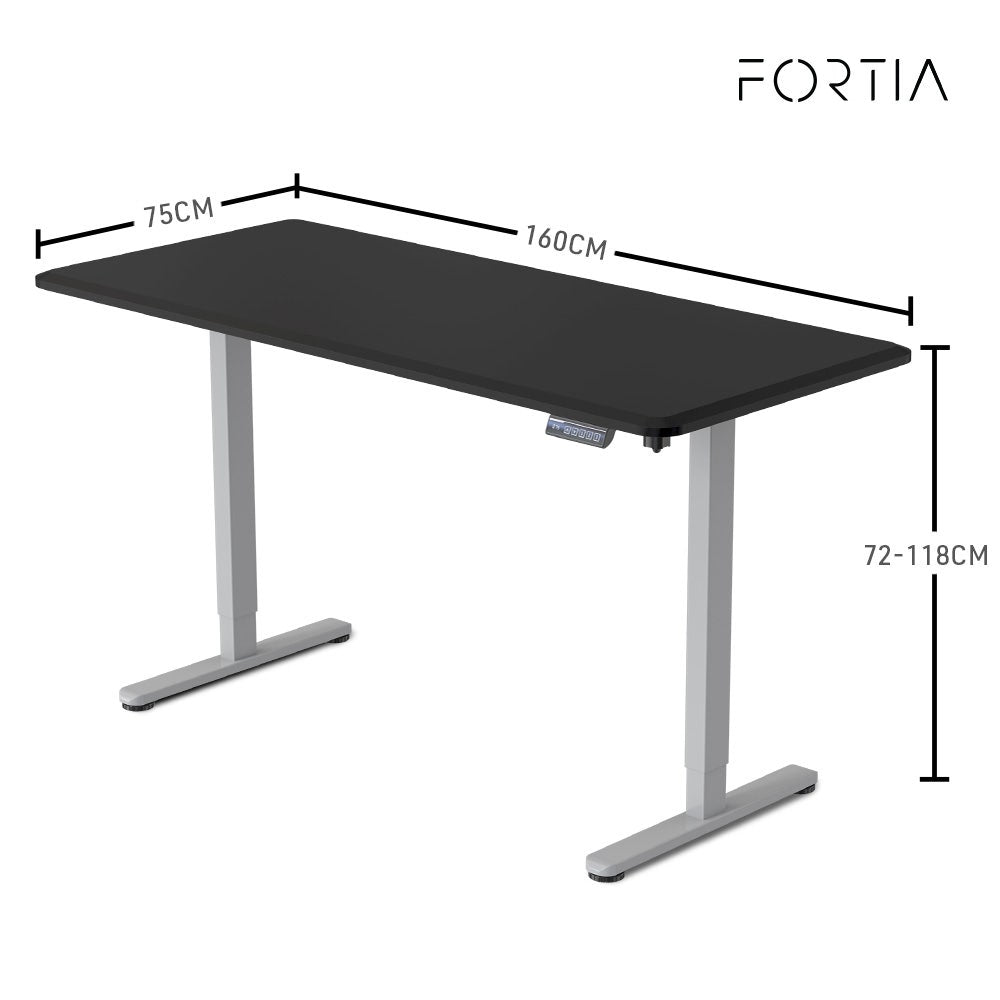 FORTIA Sit To Stand Up Standing Desk, 160x75cm, 72-118cm, Height Adjustable, 50kg Rated, Black/Silver Frame