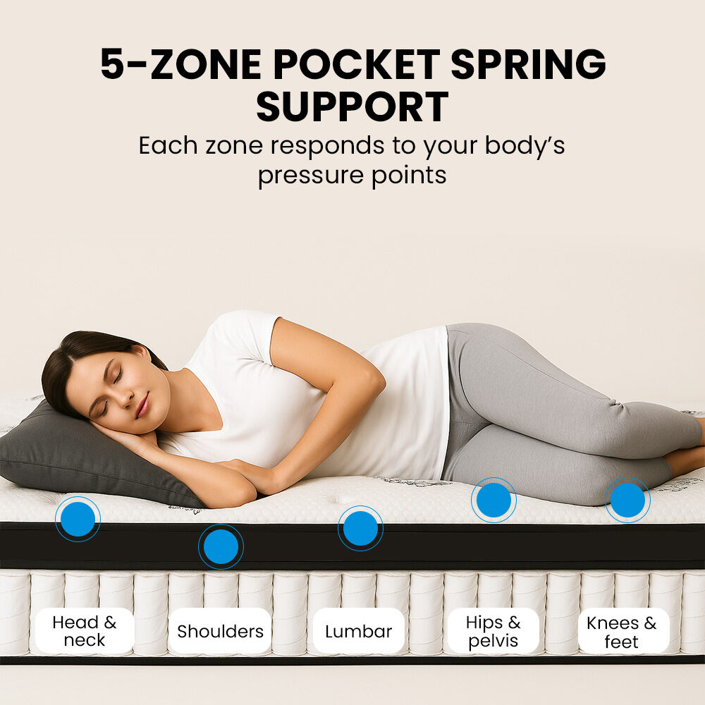 KINGSTON SLUMBER Luxury 34cm Queen Mattress, Medium-Firm, Euro Top, 5-Zone Pocket Spring